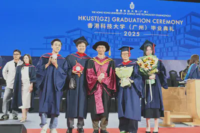 Graduation photo with my supervisor Jing Tang and classmates at HKUST(GZ)